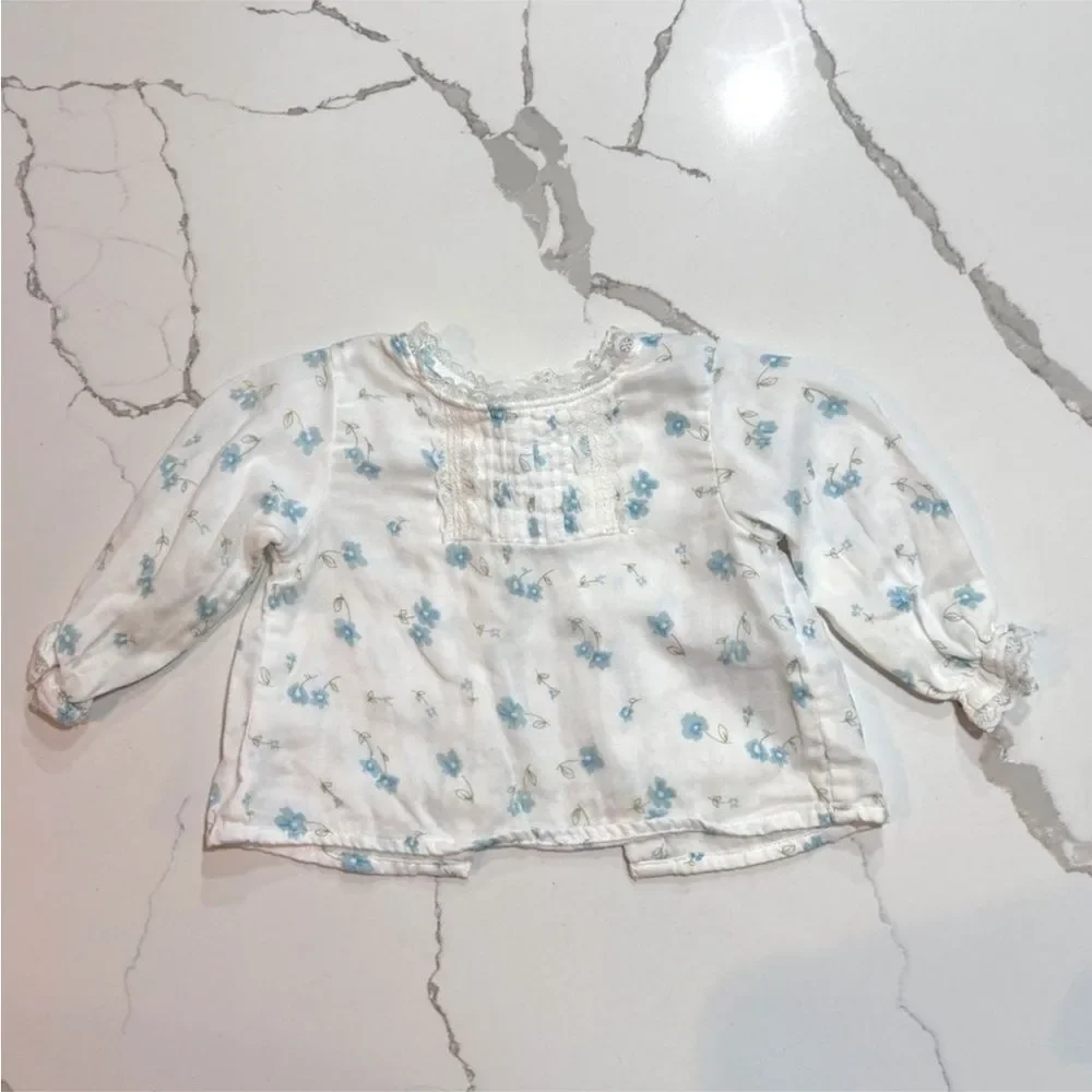 Old Navy | Vintage Girls White Floral Long Sleeve Blouse Blue Denim Jean…